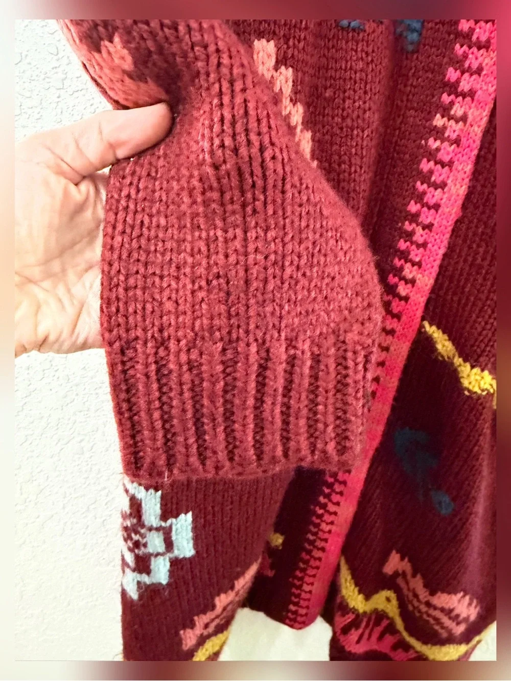 Rare Sundance Tayen Sweater Coat Cozy Burgundy Boho Patterned Size LP